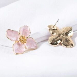 Gold-Tone Pink Enamel Flower Stud Earrings - Women Jewelry